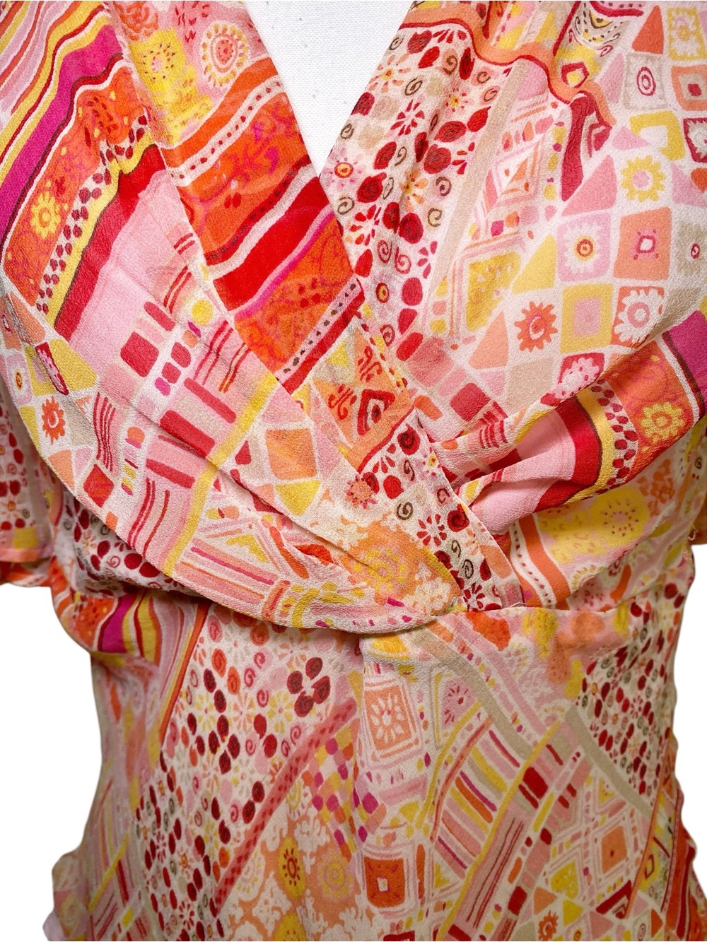 Silkland Y2K Boho Chic 100% Silk Patchwork Flutter Sleeve Blouse - Picture 5 of 14